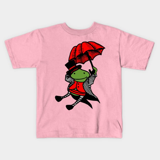 Green frog with red umbrella Kids T-Shirt by shirtsandmore4you